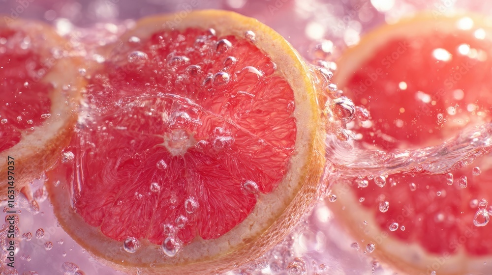 Poster the refreshing grapefruit slices splashing in vibrant water droplets.