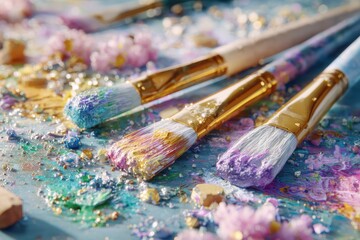 Obraz premium Colorful Paint Brushes with Glitter and Flowers on Artistic Surface Captured in Close-Up, Showcasing Creative Tools and Vibrant Art Mediums for Crafts and DIY Projects