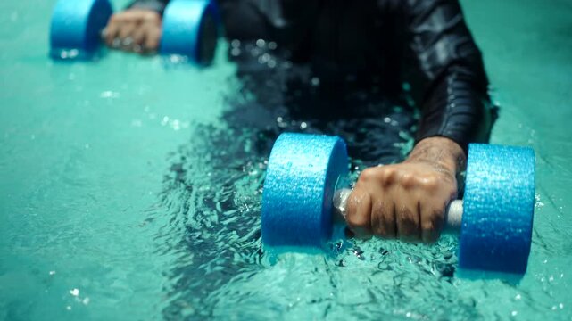 Close-up dumbbells in hand exercises in the pool, holding blue aquatic dumbbells, highlighting hydrotherapy, water fitness, and refreshing aquatic workouts.