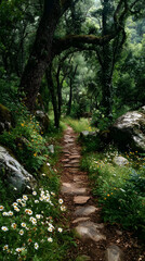 Serene woodland path, inviting footsteps toward whimsical forest adventures, echoing Beltane's renewal and Tu Bishvat's arboreal celebration