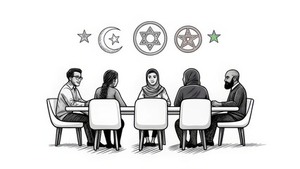 Promoting cultural sensitivity peace negotiations, this illustration depicts diverse group engaged dialogue, symbolizing unity and understanding