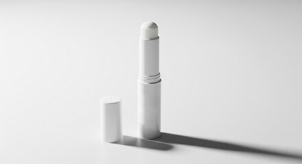 Clean white deodorant stick with open cap on bright minimalist background, product photography
