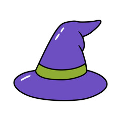 Whimsical purple witch hat with a green band. Hand drawn vector illustration.