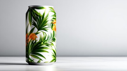 A beautifully designed beverage can featuring tropical foliage artwork, ideal for branding and packaging in the beverage industry, evoking freshness and vitality.
