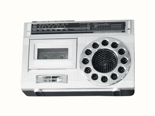 Vintage retro halftone Music player. Dotted karaoke collage with audio equipment. Nostalgic grunge disco music element for sing poster, podcast, party. Trendy isolated vector illustration.