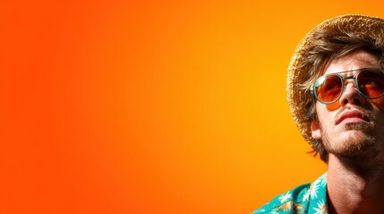 A stylish man wearing sunglasses and a vibrant patterned shirt captures a laid-back, summery vibe, embodying confidence, leisure, and the joy of summer escapades.