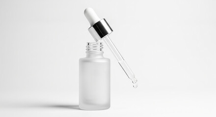 Elegant frosted glass serum bottle with dropper, showcasing a single drop of liquid, perfect for beauty and skincare promotions.