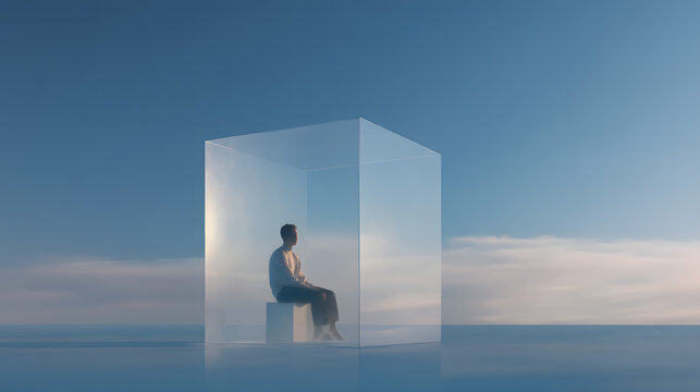 Man sitting inside transparent cube in empty landscape. Conceptual image of isolation, mental block or emotional confinement.