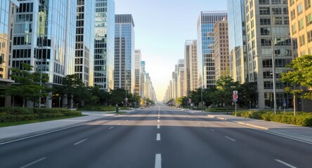 Wide Urban Avenue Lined with Modern Glass Skyscrapers Under Clear Sky