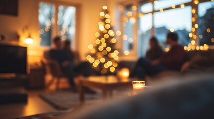 Blurred christmas scene with tree lights and people gathered in a cozy living room setting indoors