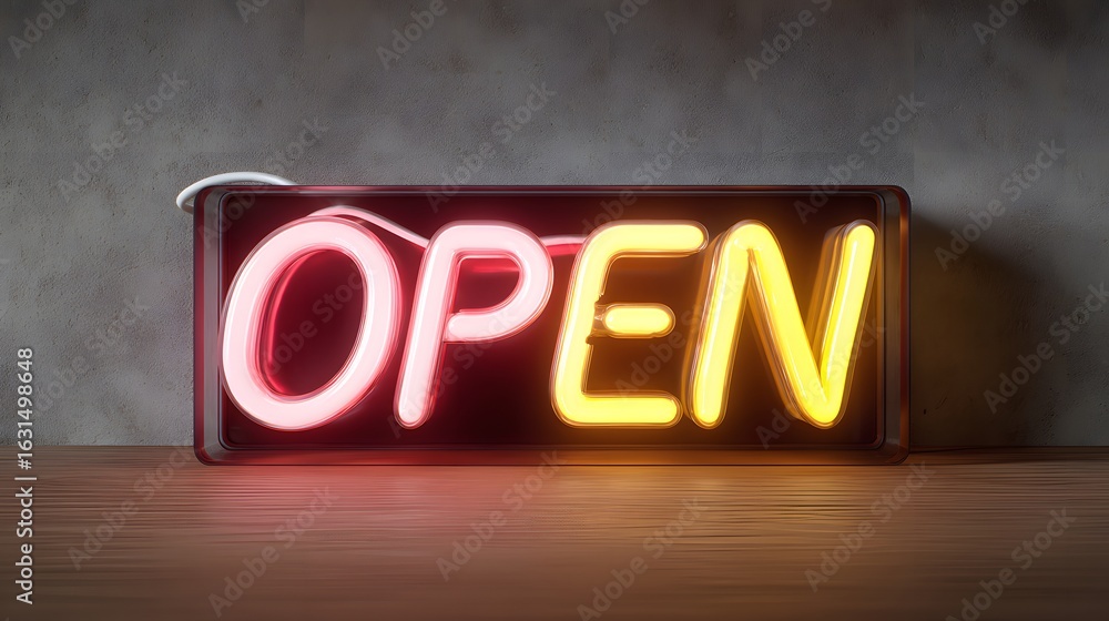 Poster retro neon sign saying open with grain texture background