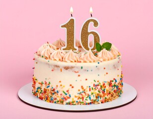 Colorful Sprinkles Cake with Number 16 Candle for Celebration