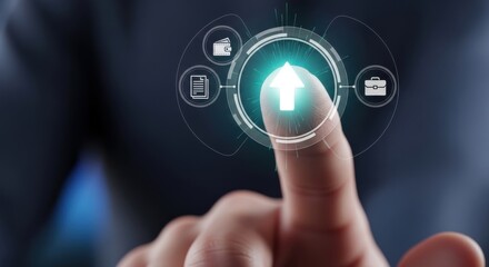 Finger touches glowing upward arrow on futuristic digital interface with business icons