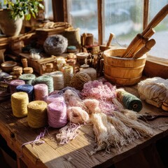 Fototapeta premium Colorful Spools of Thread and Skeins of Yarn on a Rustic Wooden Table in a Cozy Craft Room Overflowing with Creative Possibilities and Inspiration