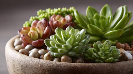 Close-up of macro succulents in earthy potting mix