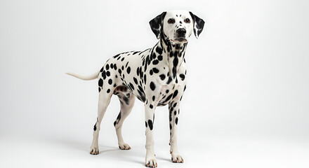 Dalmatian dog standing on white background with its iconic black spots and curious look