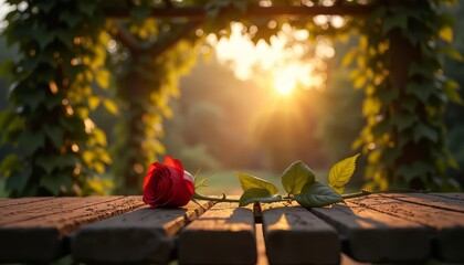 Red Rose on Wood Table at Sunset