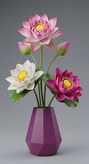 Fototapeta premium A beautiful arrangement of pink, white, magenta lotus flowers in a purple vase
