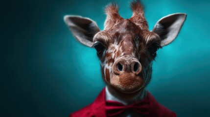 This playful and humorous image features a giraffe wearing a bow tie against a vivid blue backdrop, embodying a fun and whimsical take on animal portraits.