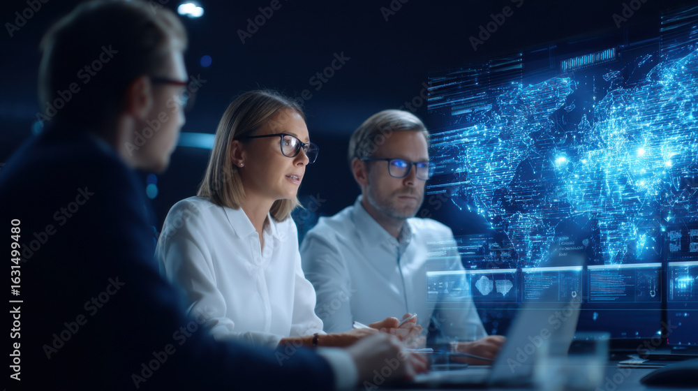 Poster a group of professionals analyzes digital data displayed on a futuristic screen, showcasing collabor