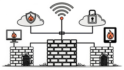 Network security illustration showing firewalls and intrusion detection systems protecting devices. image features central firewall structure