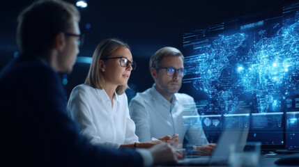 A group of professionals analyzes digital data displayed on a futuristic screen, showcasing collaboration and technology in a modern workspace.