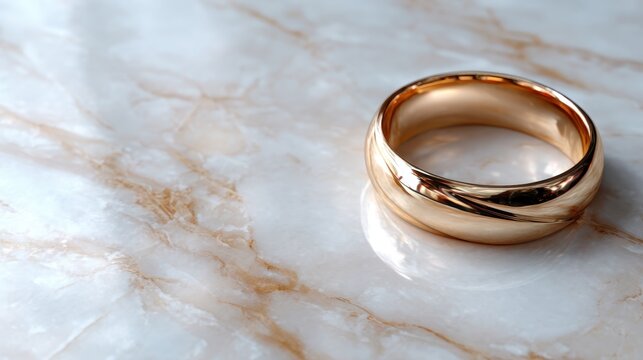 A shiny, smooth gold ring rests elegantly on a light marble surface, capturing the essence of luxury and sophistication in its simplicity and rich texture.