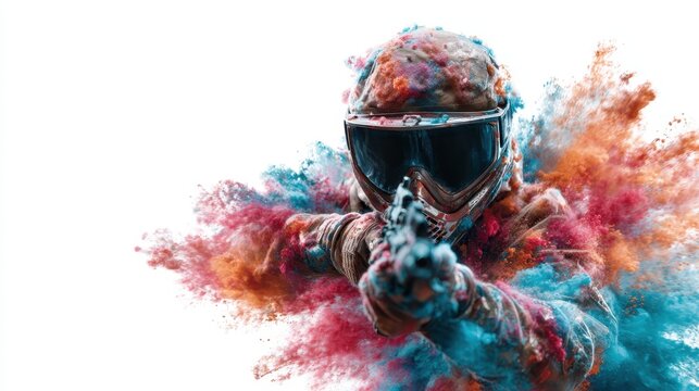 A paintball player in protective gear aims a marker, surrounded by a vivid explosion of colored powders, encapsulating the adrenaline and thrill of competitive sports.