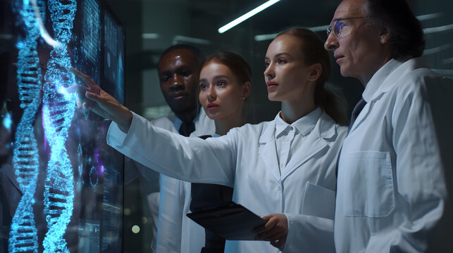 Team of scientists working with digital DNA interface. Futuristic concept of genetic research, biotech innovation and modern medicine.