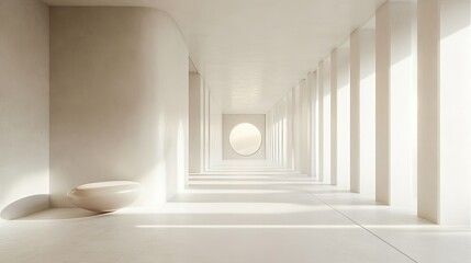 Bright white hallway with columns and a round light at the end of the passage way design element