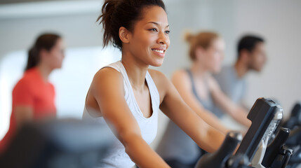 Fototapeta premium Focused young woman exercising in a gym. Dynamic image ideal for fitness promotion, workout motivation, and healthy lifestyle themes.