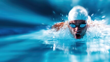 This dynamic image captures a competitive swimmer in full stride, showcasing the power and intensity of athleticism and dedication in the pursuit of victory.
