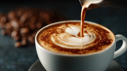 A perfectly brewed cup of coffee with a rich, velvety latte art stands elegantly against a backdrop of coffee beans, capturing the essence of warmth and comfort.