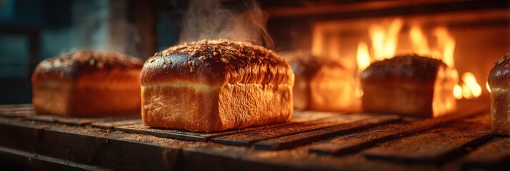Freshly baked bread loaves rising in a warm bakery oven during early morning hours