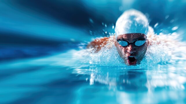 This dynamic image captures a competitive swimmer in full stride, showcasing the power and intensity of athleticism and dedication in the pursuit of victory.