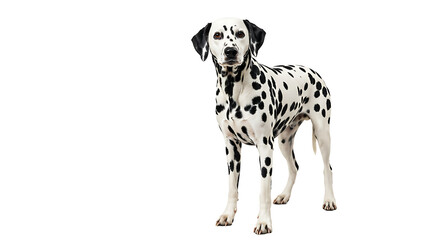 Dalmatian dog standing on white background with its iconic black spots and curious look