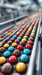 Naklejka premium Colorful chocolate candies moving along a conveyor belt in a bustling factory during daytime operations