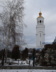 Chebarkul, Russia, November 16, 2024: Bell tower of the Orthodox Church of the Transfiguration of...