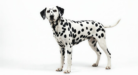 Dalmatian dog standing on white background with its iconic black spots and curious look