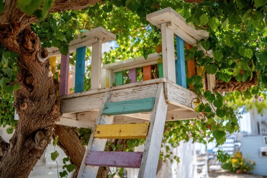 Colorful treehouse nestled in green foliage, featuring a rustic wooden ladder and vibrant painted panels, perfect for childhood dreams and outdoor adventures.