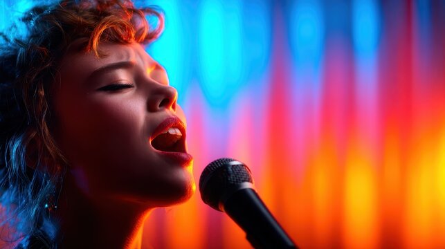 A singer passionately delivers a performance, her emotive expression and vibrant lighting backdrop merging to create an electrifying atmosphere that resonates with the audience.