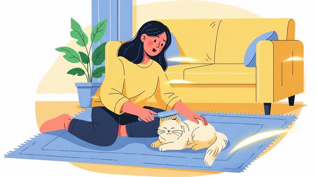 Flat vector a woman is grooming her cat with a brush in the living room, creating a cozy and comfortable atmosphere of pet care and friendship at home