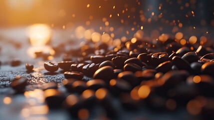 Close up shot of roasted coffee beans with golden light and bokeh effect in a dark environment