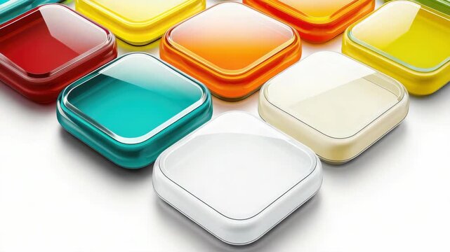 Set of vividly colored stackable rectangular glass or plastic containers with snap-in lids, suitable for eco-friendly food and beverage storage.