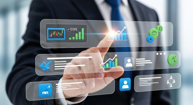 Businessman Interacting with Futuristic Holographic Financial Data Interface
