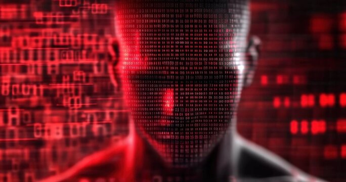 Digital abstract background with red-glowing face, genderless figure, presenting a potential threat person red glowing background