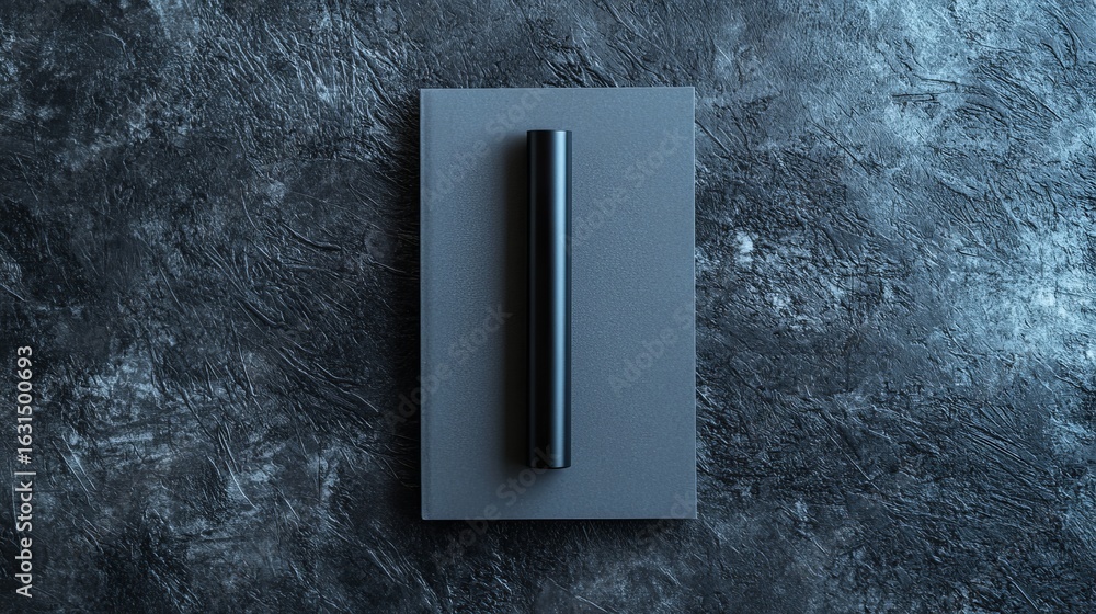 Aufkleber a black tube on a gray rectangle on a textured dark gray background creating a minimalist compositio