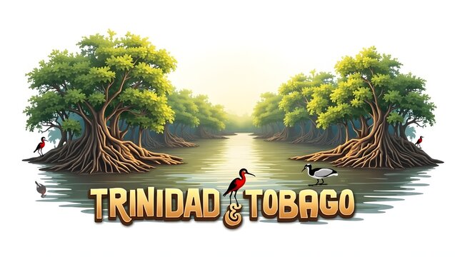3D illustration of Caroni Swamp National Park, known for its mangrove trees, diverse birdlife, and tranquil wetlands, offering an eco-tourism haven. The word 'Trinidad and Tobago' in 3D letters below.
