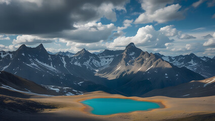 Mountain lake surrounded by alpine peaks and clear blue water