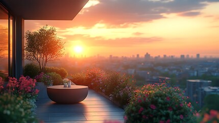 Sunset rooftop garden balcony view